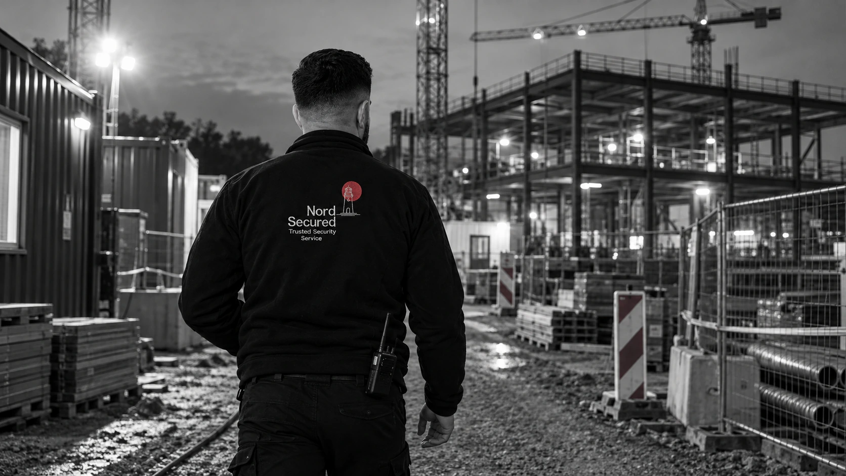 Baustellenschutz Streifendienst Bremen Baustellenschutz Bremen: Sicherheitskraft auf Kontrollstreife über das Baugelände